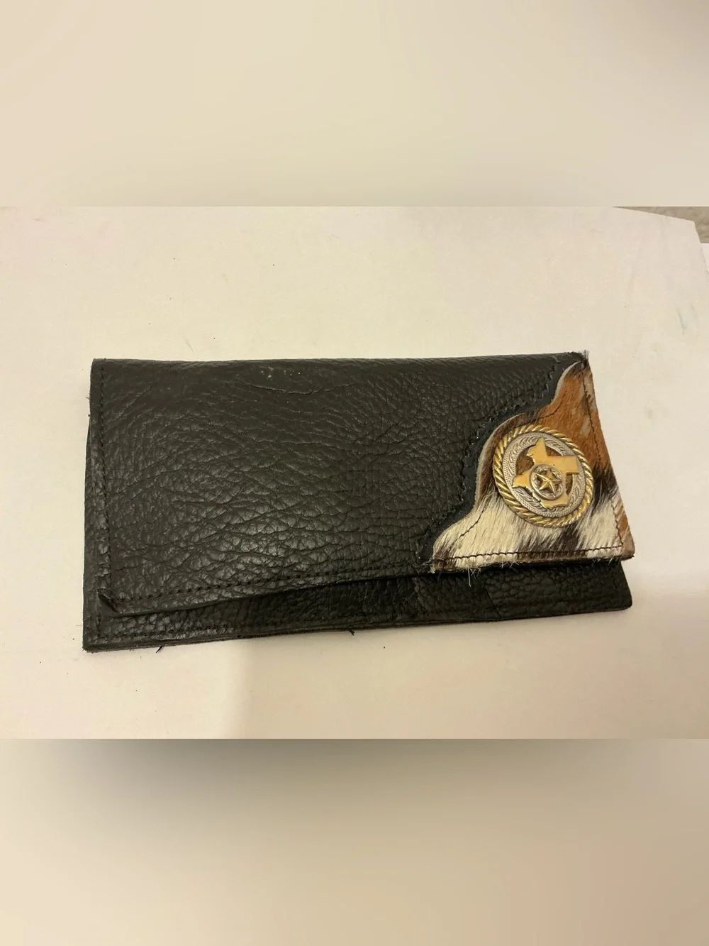 Black Leather Wallet with Cowhide Accent and Brass Medallion